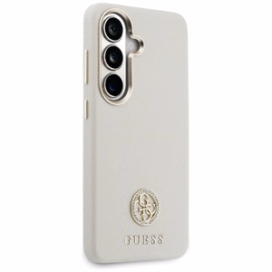 Guess dėklas Rhinestone Round Logo MagSafe skirtas Samsung Galaxy S26 Plus smėlio spalvos