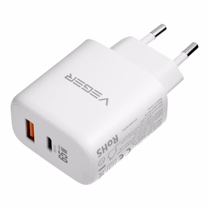 Telefono įkroviklis „VEGER“ USB-A + C tipo, PD, QC3.0, 3,25 A, 65 W + kabelis USB-C į USB-C TR67, baltas