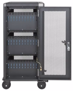 Manhattan 181471 – 30 vietų USB-C įkrovimo vežimėlis iki 13 col. iPad, iki 13 col. MacBook Air, iki 14 col. Chromebook ir kitiems mobiliesiems įrenginiams, 30 W, skyriaus matmenys 404×27,6×283 mm, kabeliai pridedami