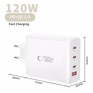 "Tech-Protect NC120W-GAN" 4 prievadų 120 W sieninis įkroviklis - baltas