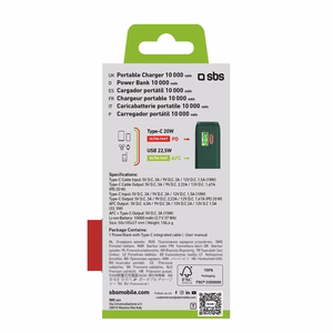 Išorinė baterija SBS 10000 mAh 20W su įmontuotu USB-C kabeliu ir skaitmenine indikacija - žalia