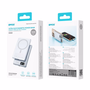BWOO aluminium magnetic išorinė baterija P75 PD 20W 5000 mAh with digital display and USB-C port sidabrinis