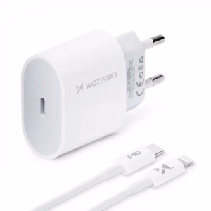 Įkroviklis Wozinsky Quick Charge, baltas PD 20W + Type-C / Lightning baltas laidas 100cm