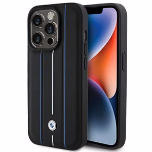 BMW Leather Stamp Blue Line Case for iPhone 15 Pro Max - black