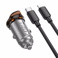 Automobilinis įkroviklis Hoco 2 x USB C QC PD 45W + kabelis USB C į Lightning NZ16B metalinis pilkas