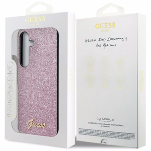 Guess Glitter Script dėklas telefonui Samsung Galaxy S24+ - violetinis