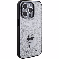 Karl Lagerfeld Fixed Glitter Choupette Logo Metal Pin Dėklas telefonui iPhone 15 Pro Max - sidabrinis