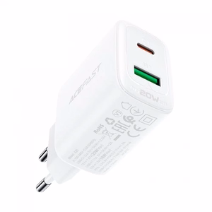 Acefast sieninis įkroviklis USB Type C / USB 20W, PPS, PD, QC 3.0, AFC, FCP baltas (A25 baltas)