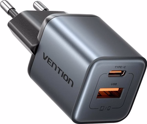 Vention 30W įkroviklis su GaN technologija, 1× USB-A, 1× USB-C, juodas