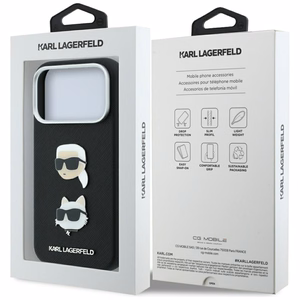 Karl Lagerfeld Saffiano Karl & Choupette Heads Pins & Logo dėklas, skirtas iPhone 18 Pro / 17 Pro – juodas