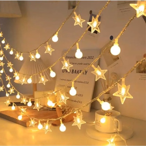 LED girlianda 1,5M (10 LED lempučių) USB balkonui, žvaigždės + rutuliukai, šiltai balta