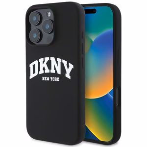DKNY Silikoninis baltas spausdintas logotipas magnetinis iPhone 16 Pro dėklas - juodas