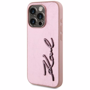 Karl Lagerfeld Wrinkled Metal Signature dėklas telefonui iPhone 15 Pro - rožinė