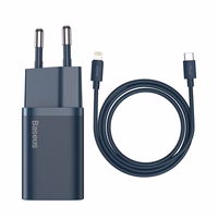 Baseus Super Si 1C greito įkrovimo įkroviklis USB Type C 20W Power Delivery + USB Type C - Lightning kabelis 1m mėlynas (TZCCSUP-B03)