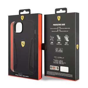 Dėklas telefonui Ferrari FEHCP14MRBUK iPhone 14 Plus 6.7 juodas odinis šonų įspaudas