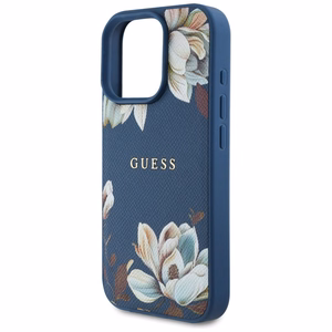 Guess Grained Printed Flower Pattern MagSafe dėklas telefonui iPhone 16 Pro mėlynas