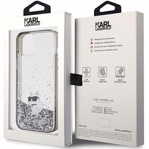 Karl Lagerfeld Skystas blizgučių Choupette dėklas iPhone 15 Plus - permatoma
