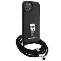 Karl Lagerfeld kryžminis Saffiano monograma metalinis ženkliukas Karl & Choupette dėklas telefonui iPhone 15 - juodas