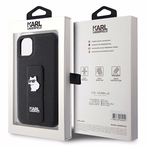 Karl Lagerfeld Gripstand Saffiano Choupette Pins dėklas telefonui iPhone 11 / Xr - juodas