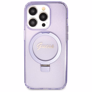 Guess Magnetinis dėklas telefonui su žiediniu stovu Script Glitter MagSafe iPhone 14 Pro Max - violetinė