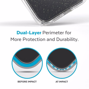 Speck Presidio Perfect-Clear with Glitter + MagSafe case for iPhone 15 Plus / 14 Plus, with Microban antimicrobial protection, Clear / Gold Glitter