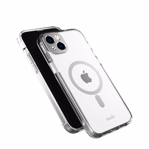 Moshi iGlaze dėklas, skirtas iPhone 14 Plus, suderinamas su MagSafe, skaidrus su „Luna Silver“ spalvos detalėmis