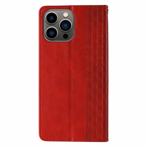Magnetinis dirželio dėklas telefonui iPhone 14 Pro Max su atverčiamu dangteliu, mini pinigine, stovu ir dirželiu, raudona