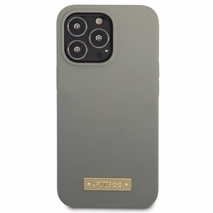 Guess GUHMP13LSPLG iPhone 13 Pro / 13 6.1" pilkas/pilkas kietas dėklas Silikoninis Logo Plate Magnetinis