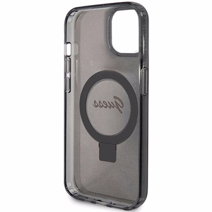 Guess dėklas telefonui su stovu Ring Stand Script Glitter magnetinis iPhone 15 Plus / 14 Plus - juodas