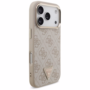 Guess PU Leather 4G Strass Triangle Logo Gold Frame MagSafe dėklas Apple iPhone 18 Pro, rožinis