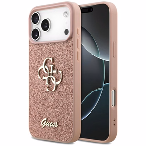 Guess Fiksuotas Blizgus Didelis 4G dėklas telefonui iPhone 17 Pro Max - rožinė