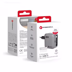 FORCELL F-ENERGY GaN III VT-R5 kelioninis įkroviklis su ištraukiamu kabeliu Type C ir Type C įkrovimo prievadu PD QC4.0 3A 45W pilkas