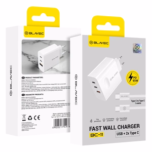 Blavec sieninis įkroviklis BC-11 GaN - USB + 2xType C - QC PD 65W 3A su Type C į Type C laidu (TCBC11G-U2CW653A) baltas