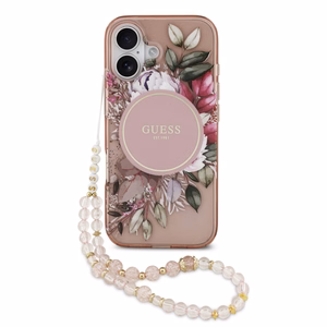 Dėklas Guess IML Flowers Strap MagSafe Apple iPhone 17 rožinis