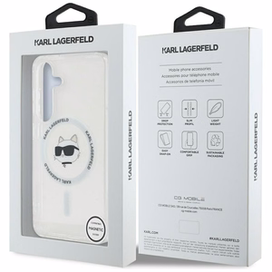 Dėklas Karl Lagerfeld Mygtukas Choupette Galva Spausdintas Logotipas Magnetinis Samsung Galaxy S25 balta