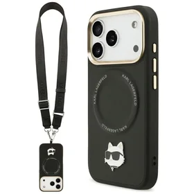 Karl Lagerfeld Big Strap Choupette metalinio logotipo Magnetinis dėklas telefonui iPhone 17 Pro Max - juodas