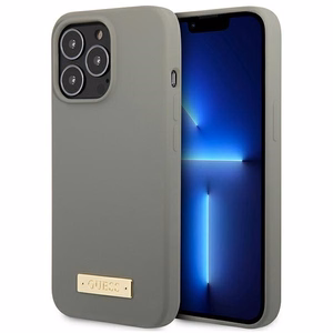 Guess GUHMP13LSPLG iPhone 13 Pro / 13 6.1" pilkas/pilkas kietas dėklas Silikoninis Logo Plate Magnetinis