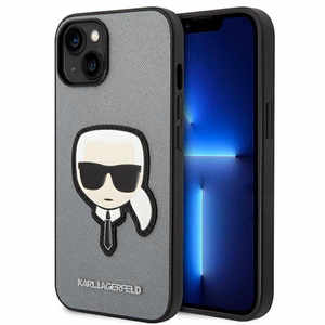 Karl Lagerfeld Saffiano Karl's Head Patch dėklas telefonui iPhone 14 Plus - sidabrinis