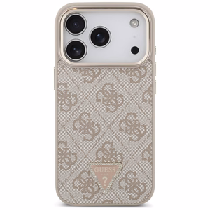 Guess PU Leather 4G Strass Triangle Logo Gold Frame MagSafe dėklas Apple iPhone 18 Pro, rožinis