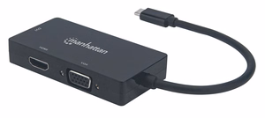 Manhattan USB-C dokės/šakotuvas su DVI-I, HDMI ir VGA prievadais, juodas