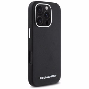 Karl Lagerfeld Saffiano pilnai aptrauktas pailgo metalinio logotipo magnetinis dėklas telefonui iPhone 16 Pro - juodas