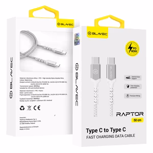 Blavec kabelis Raptor pintas - Type C į Type C - PD 60W 3A 0,5 metro Apple CarPlay/Android Auto (CRA-CC3WS05) baltas-sidabrinis