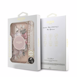 Dėklas Guess IML Flowers Strap MagSafe Apple iPhone 17 rožinis