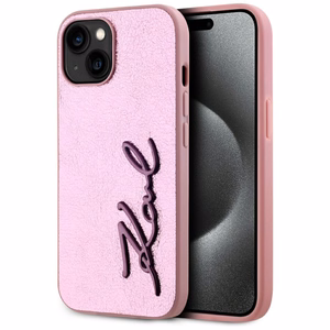 Karl Lagerfeld Wrinkled Metal Signature dėklas telefonui iPhone 15 - rožinė