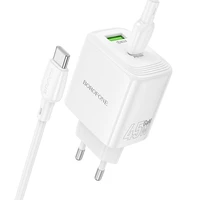 Borofone sieninis įkroviklis BN30 Cargador GaN - USB + Type C - QC 3.0 PD 45W su Type C į Type C kabeliu baltas