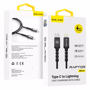 Blavec kabelis Raptor pintas - Type C į Lightning - PD 20W 2,4A 2 metrai Apple CarPlay (CRA-CL24BG20) juodas ir pilkas