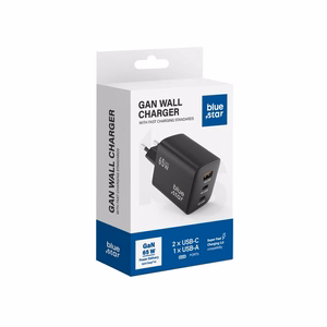 BLUE STAR kelioninis įkroviklis GaN 4A 65W 2 x Type C + USB A PD QC4.0 VT-43 juodas