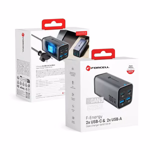 FORCELL F-ENERGY GaN III VT-49 pilkas stalinio tipo įkroviklis 2 x Type C + 2 x USB A PD QC4.0 SFC2.0 5A 100W