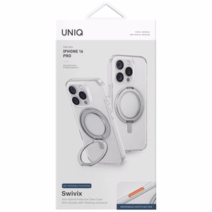 Uniq Swivix 360 sukamas stovas dėklas telefonui iPhone 16 Pro - skaidrus