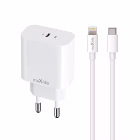 "Maxlife MXTC-06-20C PD QC įkroviklis 1x USB-C 20W baltos spalvos + USB-C - Lightning kabelis 20W
